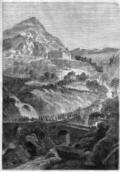 Jährliche Wallfahrt am 21. März zum Kloster St. Benedikt auf dem Monte Cavo (Colli Albani) bei Rom - Kupferstich von 1868