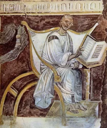 Anonym (um das 6. Jahrhundert). Das älteste Porträt des heiligen Augustinus (354 - 430). Rom. Palazzo Lateranense, Scala Santa (Heilige Treppe). Faksimile.