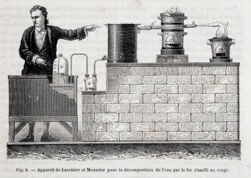 Apparat von Antoine Laurent de Lavoisier und Meusnier zur Zersetzung von Wasser durch rotglühendes Eisen - in „Les wonders de l