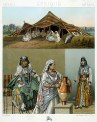 Arabisches Zelt, algerische Frauenkostüme - in „Le costume historique“ von Racinet