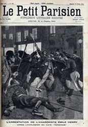 Verhaftung des Anarchisten Emile Henry (1872-1894) nach der Explosion des Cafés „Terminus“ in Paris. Gravur in „Le Parisien“
