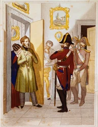 Verhaftung des Patrioten Federico Confalonieri (1785-1846) durch italienische Truppen. Gravur des 19. Jahrhunderts