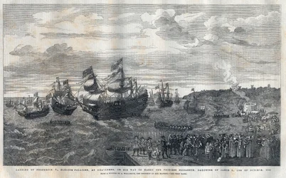 Ankunft von Friedrich V. von der Pfalz (1596-1632) im Hafen von Gravesend zur Heirat mit Prinzessin Elisabeth von England (1596-1662), Tochter von König James I. (1566-1625) am 16. Oktober 1612. Er wurde von James Hay (1. Earl of Carlisle) empfangen.