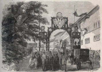 Ankunft der Kaiserin Elisabeth von Österreich (Sissi) in Bad Kissingen (Kurort) im Jahr 1865 - Gravur in „The Illustrous World“ von 1865