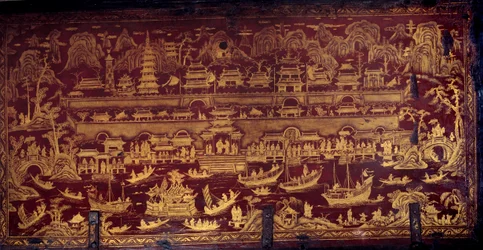 Ankunft der Portugiesen in Nanjing (Nanjing oder Namquin), China. Deckel einer mit roter und goldener Farbe bemalten Schachtel. 17. Jahrhundert. Porto, Nationalmuseum