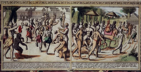 Kunst Portugal: Tanz der Eingeborenen, Detail der Karte von Guinea von Luis Texeira, Gravur des 17. Jahrhunderts