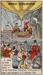 Aufstieg in einem Wasserstoffgasballon der französischen Aeronauten Charles und Robert le Jeune, durchgeführt in Paris, im Tuileriengarten. 1. Dezember