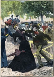 Ermordung der Kaiserin Elisabeth von Österreich (Sissi) durch den italienischen Anarchisten Luccheni in Genf im Jahr 1898. Illustration von 1898. Private Sammlung