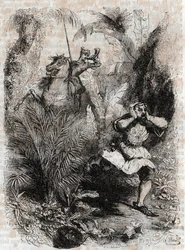 Astolphe lässt Caligorant fliehen - Gravur von 1851 aus „Furioser Roland“ (Orlando furioso) (16. Jahrhundert) von Ludovico Ariosto, bekannt als der Ariosta - Ausgabe übersetzt aus dem Italienischen von Graf von Tressan und veröffentlicht von Gustave Harvar