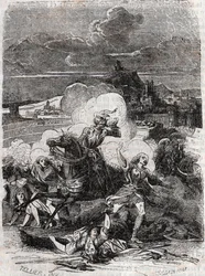 Astolphe lässt mörderische Frauen fliehen - Gravur von 1851 aus „Furious Roland“ (Orlando furioso) (16. Jahrhundert) von Ludovico Ariosto, bekannt als Ariosto - Ausgabe übersetzt aus dem Italienischen von Graf von Tressan und veröffentlicht von Gustave Har