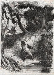 Astolphe am Rand eines Brunnens - Gravur von 1851 aus „Furioser Roland“ (Orlando furioso) (16. Jahrhundert) von Ludovico Ariosto, bekannt als der Ariosta - Ausgabe übersetzt aus dem Italienischen von Graf von Tressan und veröffentlicht von Gustave Harvard