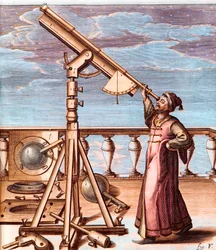 Astronom beobachtet den Himmel mit einem Teleskop - aus: Johannes Hevelius (1611-1687), Selenographia, sive Lunae descriptio (Selenographie, oder Eine Beschreibung des Mondes)