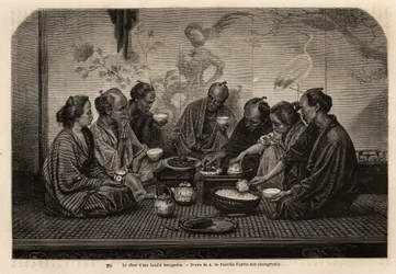 Beim Abendessen einer bürgerlichen Familie, Männer versammeln sich auf einem Tatami, um kleine Kaffeetische, essen Reis in einer individuellen Schüssel und servieren Fleisch und Gemüse in einem gemeinsamen Gericht, während sie Tee trinken, zwei Frauen bedi