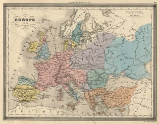 Atlas von Europa im Jahr 814: Reiche des Westens und des Ostens. Plan aus dem „Universalatlas der alten und modernen Geographie“ von Vuillemin, ca. 1851