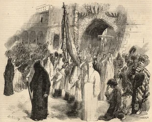 Sühneprozession zur Beendigung des Gelbfiebers in Lissabon, Portugal im Jahr 1857. Gravur in „Le Monde illustré“ von 1857. Private Sammlung.