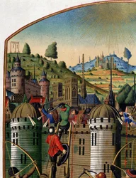 Angriff auf das Schloss von Philippe Auguste mit Blick auf Paris und den Montfaucon-Galgen während des Hundertjährigen Krieges, Mitte des 15. Jahrhunderts (Detail)