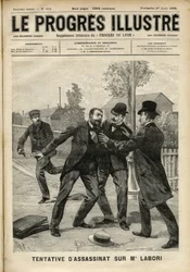 Angriff auf Herrn Fernand Labori (1860-1917), Anwalt in der Verteidigung von Alfred Dreyfus (1859-1935), der in Rennes auf dem Weg zum Gerichtsort von einer Kugel in den Rücken getroffen wurde. Titelblatt von „Le Progrès Illustré“ vom August 1899 (Gravur)