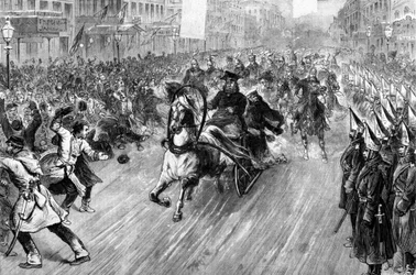 Attentat auf Zar Alexander II. (1818 - 1881) in St. Petersburg im Jahr 1881. Illustration aus dem 19. Jahrhundert
