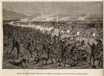 Angriff auf das Hauptquartier von Ismailia (Ägypten), durch eine Koalition von Baris und Loquias, bewaffnet mit Bogen und Pfeil, Sir Bakers Expedition wehrt sich mit Gewehren und schlägt die Angreifer zurück, Gravur zur Illustration einer bewaffneten Exped