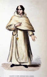 Augustiner in gewöhnlicher Kleidung, Ordensmann nach den Regeln des heiligen Augustinus. Stich aus dem 19. Jahrhundert.