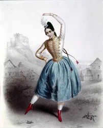 Österreichische Tänzerin Fanny Elssler (1810-1884) im Ballett „The Krakow“ (La gipsy) 1842. Druck aus dem 19. Jahrhundert