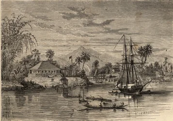 Bangalow, Haus von Sir James Brooke, bekannt als der Rajah von Sarawak (1803-1868), britischer Abenteurer, erster weißer Rajah von Sarawak in der Nähe von Sarawak (Borneo). Gravur in „Le Monde illustrious“ von 1857. Private Sammlung.