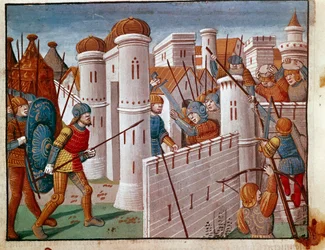 Schlacht am Fuße der Stadtmauern einer Stadt. Miniatur aus „Die Taten der Römer“, die das Leben der zwölf Cäsaren erzählt. 13. Jahrhundert Venedig, Biblioteca Marciana