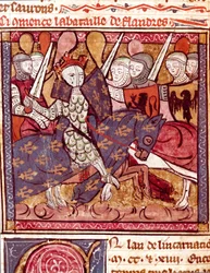 Schlacht von Flandern. Miniatur aus „Grandes Chroniques de France“ 1375-1379 Städtische Bibliothek, Castres