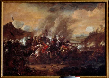 Schlacht von Wien: Die Aufhebung der Belagerung Wiens durch die Türken im September 1683. Sieg der Truppen der christlichen Koalition unter der Führung von Johann III. Sobieski, Leopold I. und Karl von Lothringen. Anonymes Gemälde des 17. Jahrhunderts. Nan