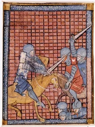 Ritterkampf. Französisches Manuskript. Frühes 14. Jahrhundert.