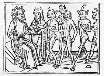 Belials Prozess: „Der Dämon Belial erscheint in Begleitung von vier weiteren Dämonen vor Richter Salomo“ „Stich aus ‚Belials Prozess‘“ von Jacobus de Teramo (oder Palladino), Augsburg