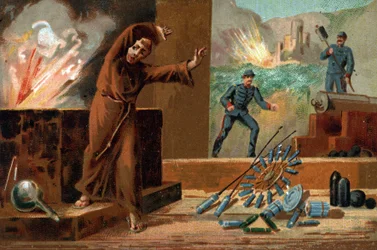 Berthold Schwartz (circa 1318-circa 1384), deutscher Chemiker, Erfinder des Schießpulvers und Franziskanermönch. Chromolithographie des 19. Jahrhunderts