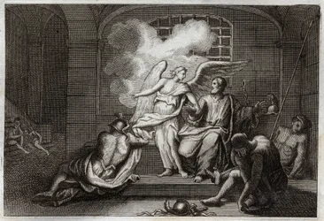 Bibel von Royaumont, Neues Testament: Heiliger Petrus wird aus dem Gefängnis befreit. Heiliger Petrus wird nachts von einem Engel aus dem Gefängnis befreit. Illustration von 1811.