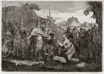 Bibel von Royaumont, Altes Testament: Abigail. Abigail, Nabals Frau, besänftigt Davids Zorn mit ihrer Weisheit. Illustration von 1811.