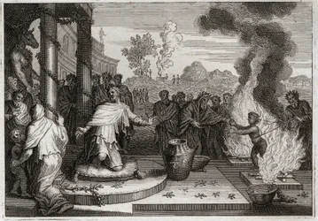 Bibel von Royaumont, Altes Testament: Ahas, unheiliger König. Der böse Ahas, König von Juda, erzürnt Gott und wird den Feinden ausgeliefert. Illustration von 1811.