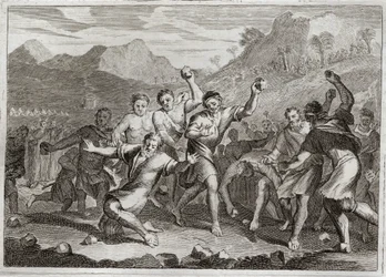 Bibel von Royaumont, Altes Testament: Gotteslästerer gesteinigt. Gott lässt einen Gotteslästerer und einen anderen, der den heiligen Sabbat verletzt hat, indem er einige Halme auf dem Feld sammelte, steinigen. Illustration von 1811.