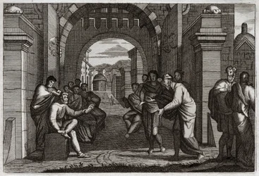 Bibel von Royaumont, Altes Testament: Boas (Booz), naher Verwandter von Ruth, Frau nach der Verordnung des Gesetzes. Illustration von 1811.