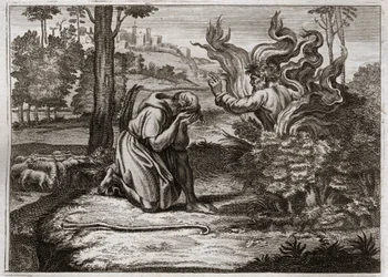 Bibel von Royaumont, Altes Testament: Der brennende Dornbusch. Gott spricht zu Mose aus der Mitte eines brennenden Dornbuschs. Illustration von 1811.