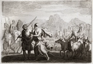 Bibel von Royaumont, Altes Testament: Berufung Abrahams. Gott ruft Abraham und befiehlt ihm, das Land der Chaldäer zu verlassen und in ein Land zu kommen, das er ihm versprochen hat. Illustration von 1811.