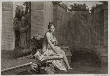 Bibel von Royaumont, Altes Testament: Keuschheit der Susanna. Zwei Älteste, Richter des Volkes, versuchen, die Keuschheit Susannas zu verderben, während sie allein in ihrem Garten badet. Illustration von 1811.
