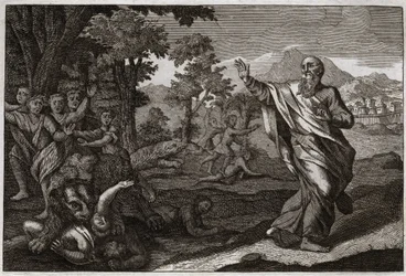 Bibel von Royaumont, Altes Testament: Kinder werden von Bären verschlungen. Kinder, die sich über Elises Kahlheit lustig machen, werden von Bären zerrissen. Illustration von 1811.