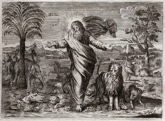 Royaumont-Bibel, Altes Testament: Schöpfung der Welt. Gott erschafft Himmel und Erde aus dem Nichts und schmückt sie in sechs Tagen mit Kreaturen aller Art. Illustration von 1811.