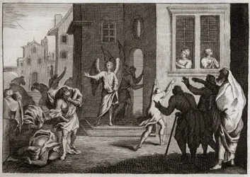 Royaumont-Bibel, Altes Testament: Verbrechen der Sodomiten. Loth empfängt Engel in seinem Haus. Die Sodomiten (Sodom) wollen sie vergewaltigen. Die Engel schlagen sie mit Blindheit. Illustration von 1811.