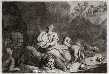Bibel von Royaumont, Altes Testament: Daniel in der Löwengrube. Daniel wird in die Löwengrube geworfen und überlebt auf wundersame Weise. Illustration von 1811.