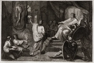 Bibel von Royaumont, Altes Testament: Prophet Daniel. Prophet Daniel offenbart König Nebukadnezar II. einen Traum, den dieser hatte, und erklärt ihm dessen Bedeutung. Illustration von 1811.