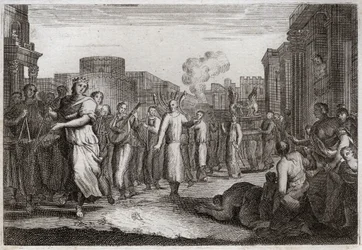 Royaumont-Bibel, Altes Testament: David tanzt vor der Bundeslade. David, der beschlossen hat, die Lade ein zweites Mal zu sich nach Hause zu bringen, lässt sie von Leviten tragen und begleiten, um einen Unfall wie den von Oza zu vermeiden. Er tanzt vor