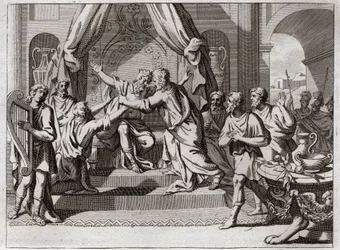 Bibel von Royaumont, Altes Testament: David spielt die Harfe. Saul, von Gott verworfen, wird vom bösen Geist ergriffen. Man sucht einen Mann, der die Harfe spielen kann, um ihn in seinem Übel zu lindern. Illustration von 1811.