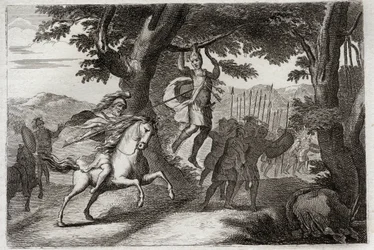 Bibel von Royaumont, Altes Testament: Tod von Absalom. Absalom (oder Avshalom, Absalom), der aus der Schlacht flieht, wird von seinen Haaren an einer Eiche gefangen, oder Joab durchbohrt ihm das Herz mit drei Pfeilen. Illustration von 1811.