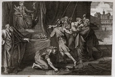 Bibel von Royaumont, Altes Testament: Tod von Eleasar. Der alte heilige Eleasar wird auf Befehl von Antiochos IV. Epiphanes (175-164 v. Chr.) getötet, weil er sich weigerte, verbotene Speisen zu essen. Illustration von 1811.