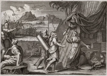 Bibel von Royaumont, Altes Testament: Tod von Sisara. Yael (Jael) tötet den Anführer der Kanaaniterarmee Sisra (Sisera oder Sisara). Illustration von 1811.